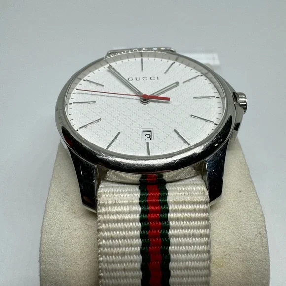 Read Gucci Men's YA126322 G-Timeless White green and red Nylon Watch PREOWNED
